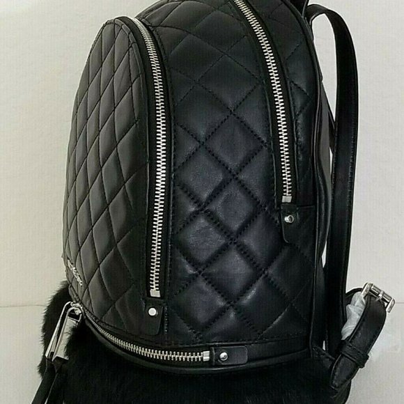 MICHAEL KORS RHEA ZIP MEDIUM BACKPACK BLACK QUILT LEATHER RABBIT FUR BAG NWT! - Picture 5 of 12